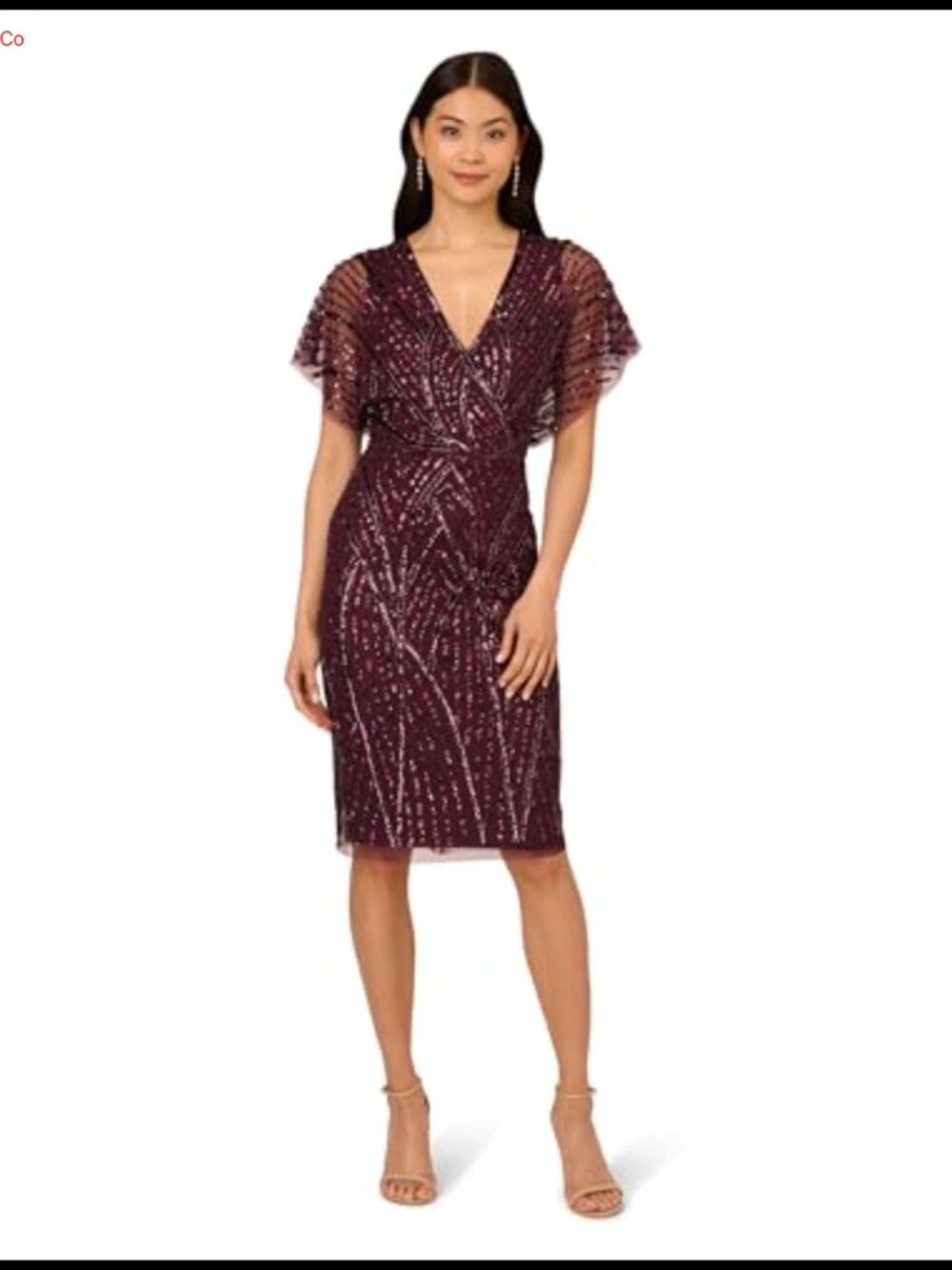 Beaded Dolman Sleeve Midi Dress Sheath V-Neck Cocktail Party